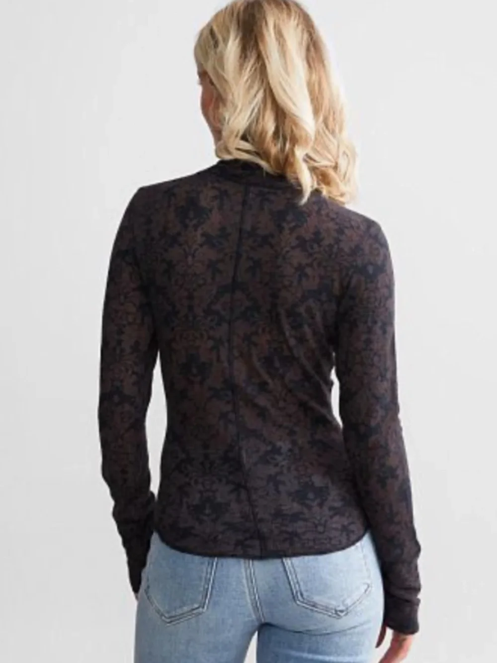 NWT Free People You & I Turtleneck Top Semi Sheer Long Sleeve Blouse Brown Black